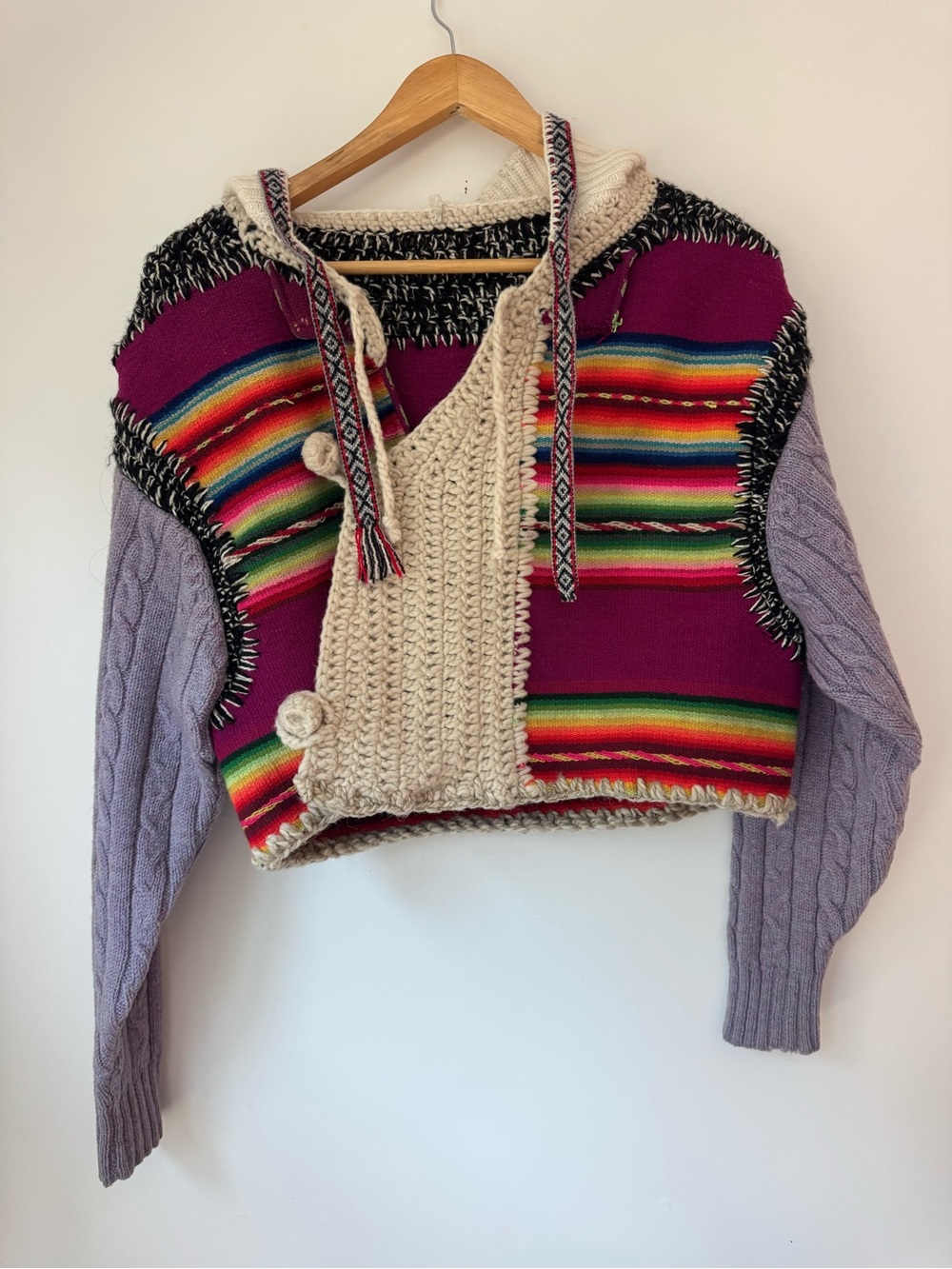 Upcycled Patchwork Serape Baja Cropped Knit Hoodie Sweater One Size / Medium